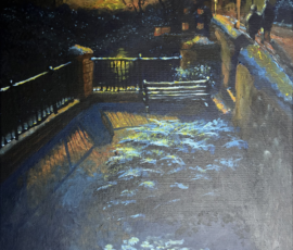 All Saddleworth Art For Sale Winter Bench - River Tame, Uppermill - size: 18” x 14” - Price: £129
